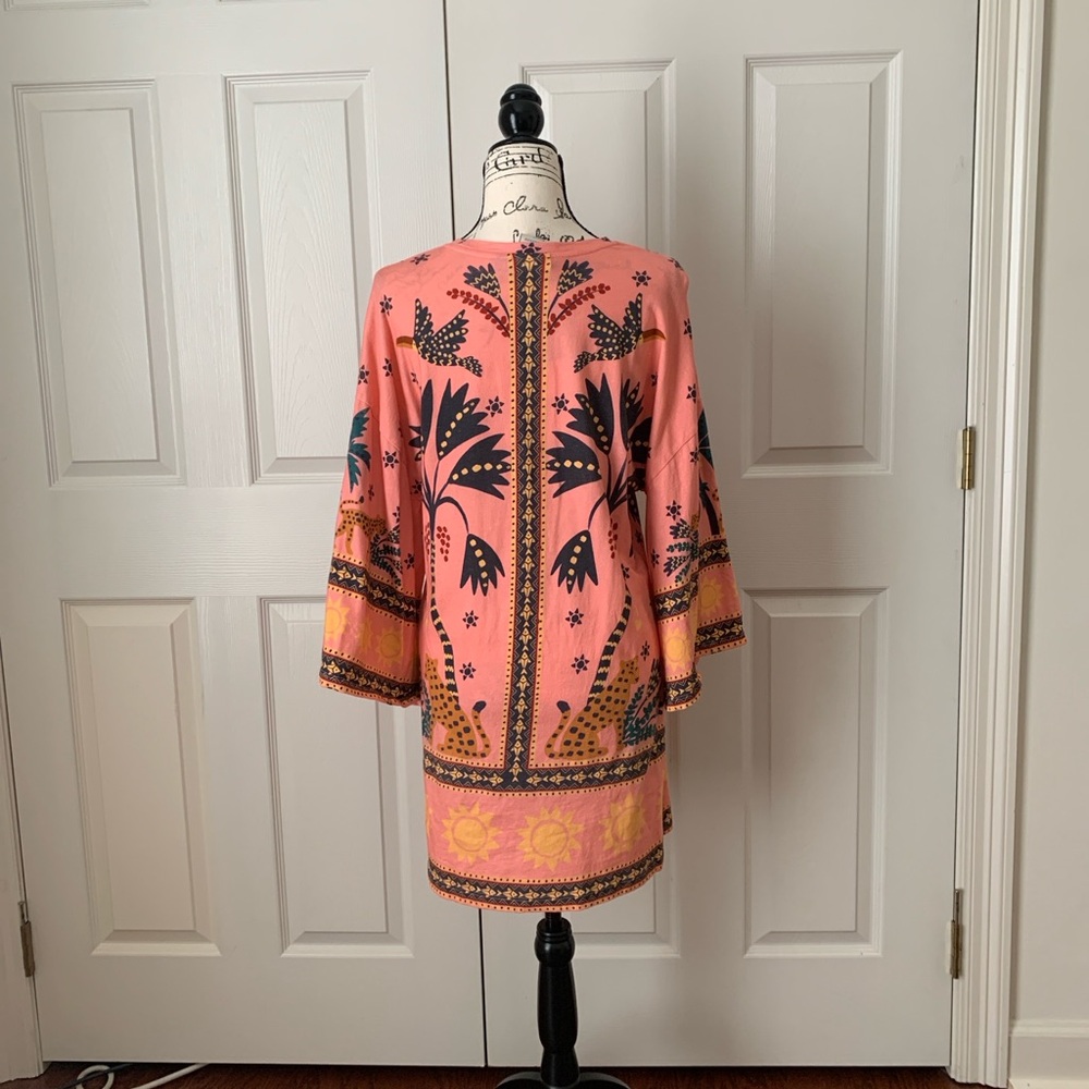 Anthropologie Pink Floral Tunic Dress with Navy and Mustard Motif - Picture 4 of 7